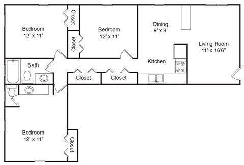 Floor plan for 3 beds, 1 bath, 927 sqft